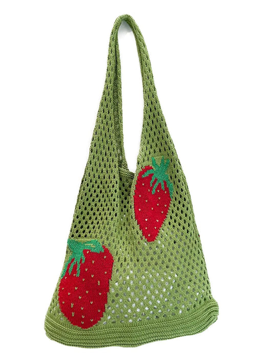 Stizimn Cute Strawberry Pattern Tote Bag Crochet Tote Bag Shoulder Bag Handbags Knitting Bag Aesthetic Handmade Weaving (Green)