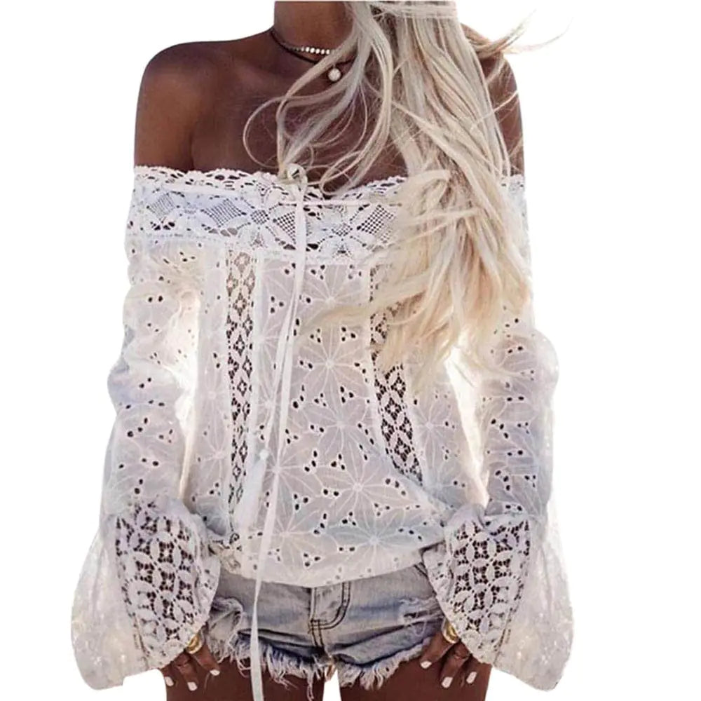 Lace White Blouse Tops Turtleneck