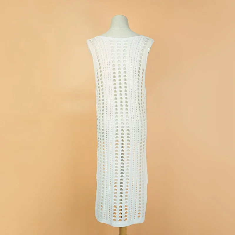 Hollowed Out V-Neck Sleeveless Crochet Beach Dress