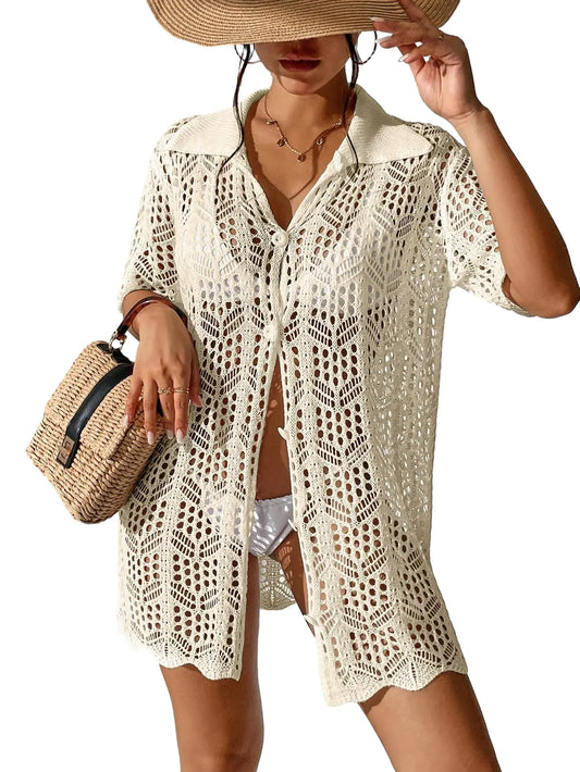 SOLY HUX Womens Button Down Hollow Out Crochet Swimsuits Cover Ups Kimono Short Sleeve Sheer Beach Cover Up Pure Apricot Medium