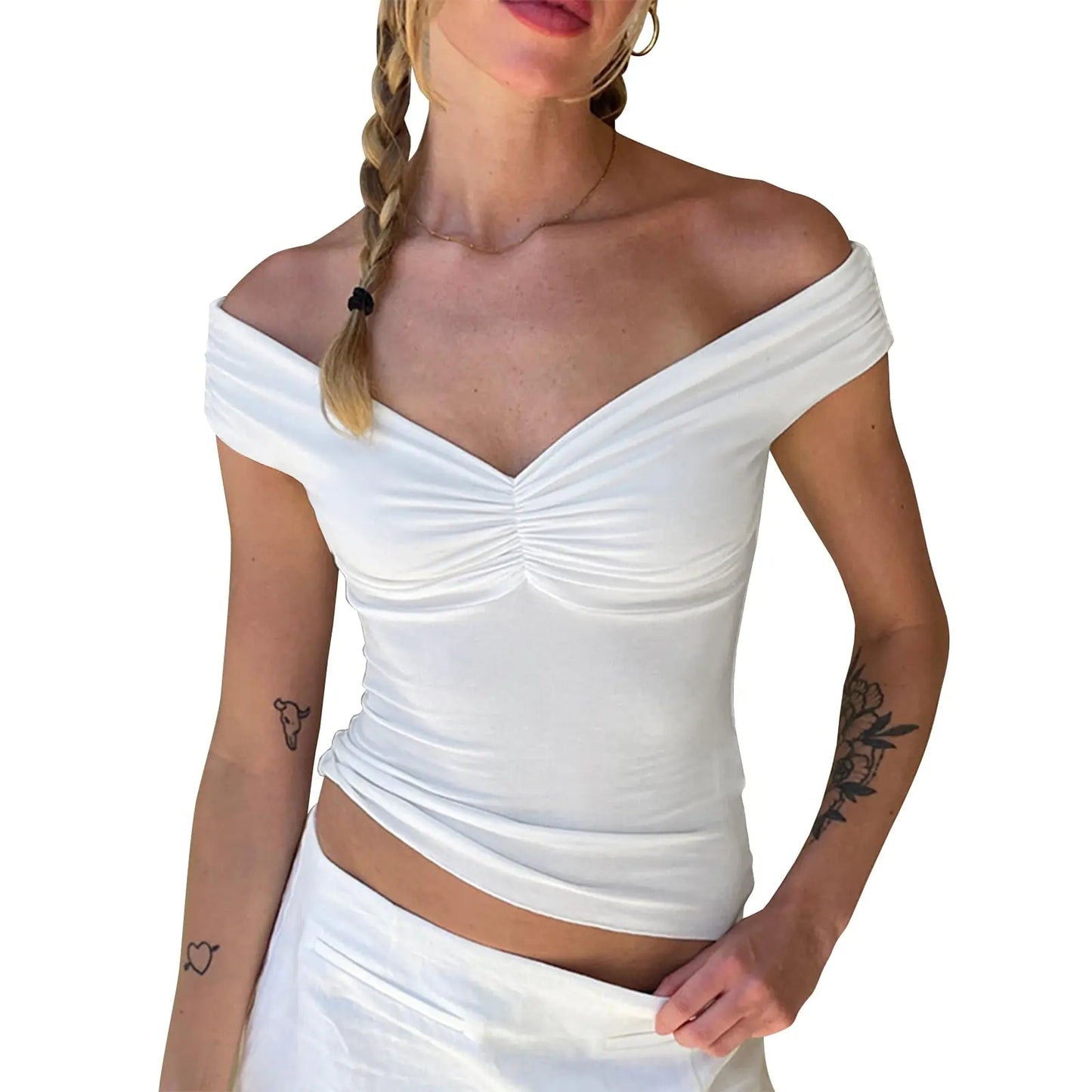 Balimtoy Womens Off The Shoulder Top Summer Trendy Going Out Crop Tops Y2K Sleeveless V Neck Slim Fit Bustier T Shirt White S