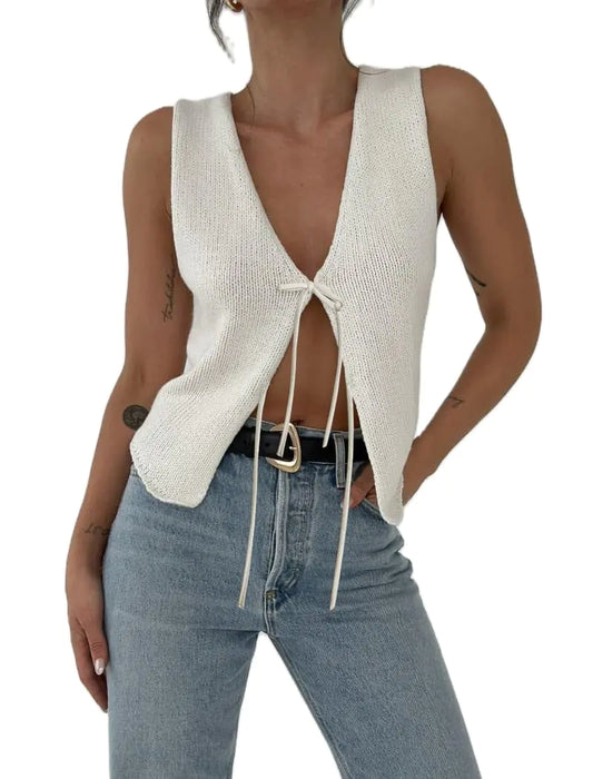 Faretumiya Women Y2k Button Down Crochet Knit Vest Sleeveless Hollow Out Crop Tops Vintage Casual V-Neck Versatile Streetwear(Z-Tie Crochet Vest WhiteMedium)