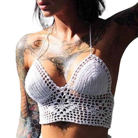 Crochet Halter Tops for Women Backless Camisole Knit Bra Tops Bralette Summer Beachwear White S