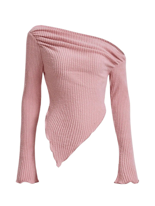 MakeMeChic Womens Off The Shoulder Tops Trendy Y2K Long Sleeve Ribbed Knit Asymmetrical Going Out Tops Tee Shirts Pink X-Small