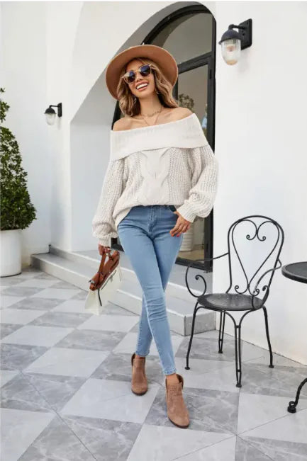 Off-Shoulder Cable Knit Sweater