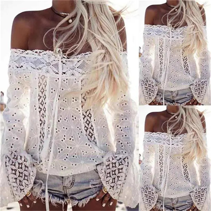 Lace White Blouse Tops Turtleneck